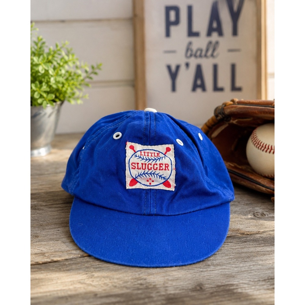 Vintage Little Slugger Kids Baseball Cap Blue Patch Hat Retro 70s 80s